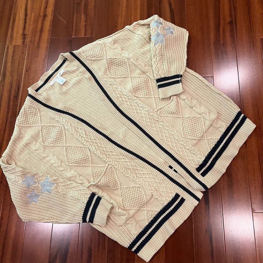 Altard‎ State Folklore Cream Cardigan Sweater Cable Knit Embroidered Stars Sz XS